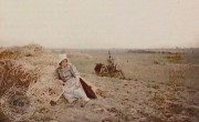 [Femme, paysanne, au repos dans un champ, assise sur un tas de foin, herse], Antonin PERSONNAZ, Entre 1907 et 1936. - 1 photographie positive transparente : verre autochrome, couleur ; 9 x 12 cm
